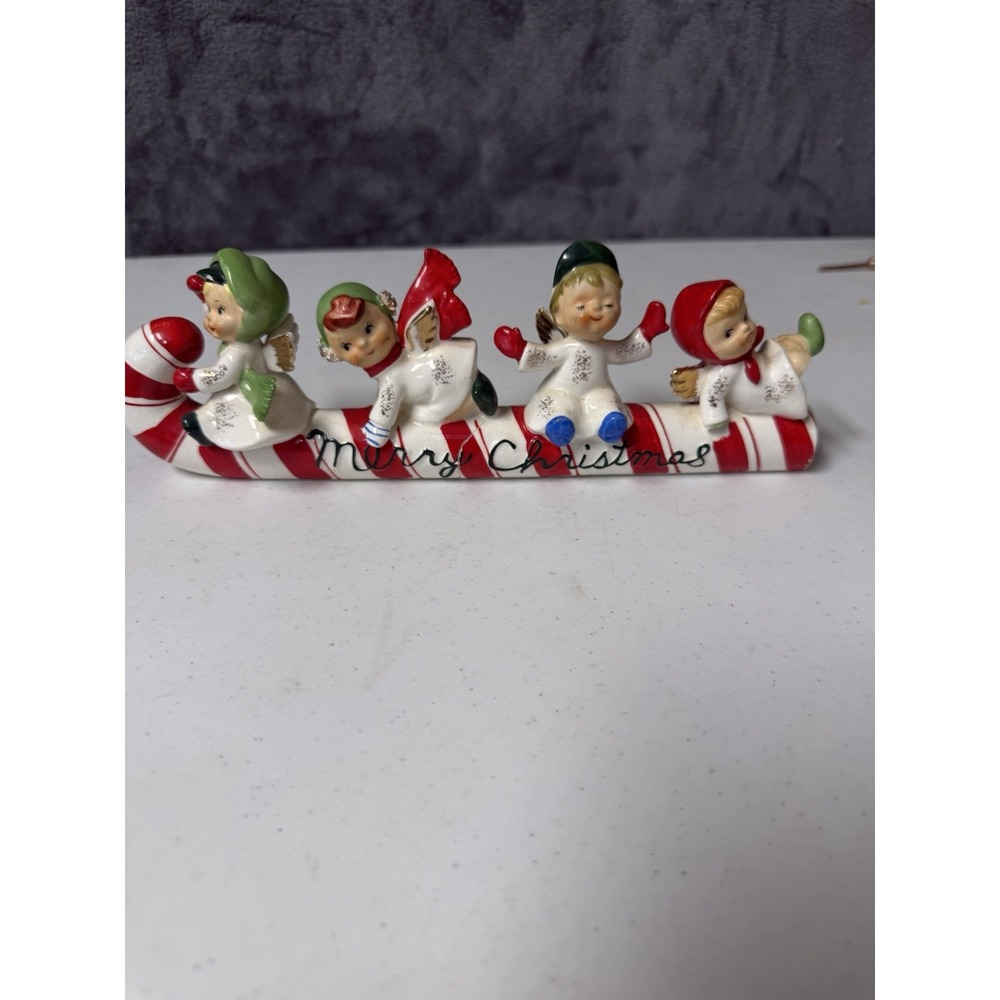 Vtg 1950s Lefton Christmas Candy Cane Sleigh Angels Figurine 626 Japan MCM Read